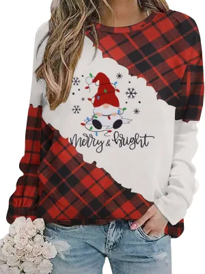 SFHFY Merry Christmas Shirts for Women Gnomes T-Shirt Lights Plaid Splicing Raglan Long Sleeve Tee Xmas Holiday Pullover Top