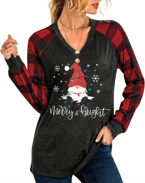 SFHFY Merry Christmas Shirts for Women Gnomes T-Shirt Lights Plaid Splicing Raglan Long Sleeve Tee Xmas Holiday Pullover Top