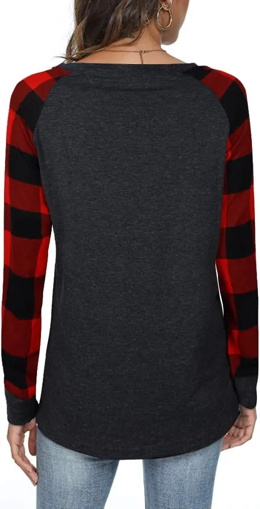 SFHFY Merry Christmas Shirts for Women Gnomes T-Shirt Lights Plaid Splicing Raglan Long Sleeve Tee Xmas Holiday Pullover Top