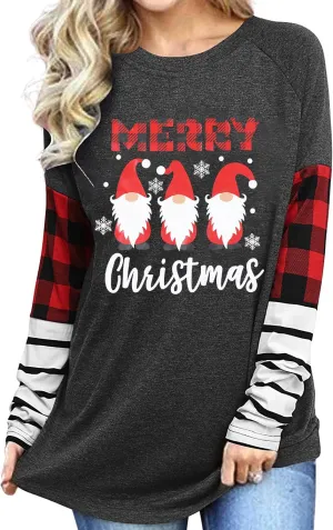 SFHFY Merry Christmas Shirts for Women Gnomes T-Shirt Lights Plaid Splicing Raglan Long Sleeve Tee Xmas Holiday Pullover Top