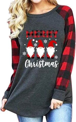 SFHFY Merry Christmas Shirts for Women Gnomes T-Shirt Lights Plaid Splicing Raglan Long Sleeve Tee Xmas Holiday Pullover Top