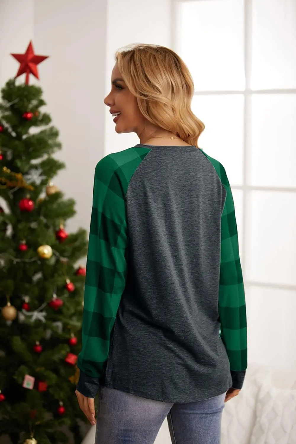 SFHFY Merry Christmas Shirts for Women Gnomes T-Shirt Lights Plaid Splicing Raglan Long Sleeve Tee Xmas Holiday Pullover Top