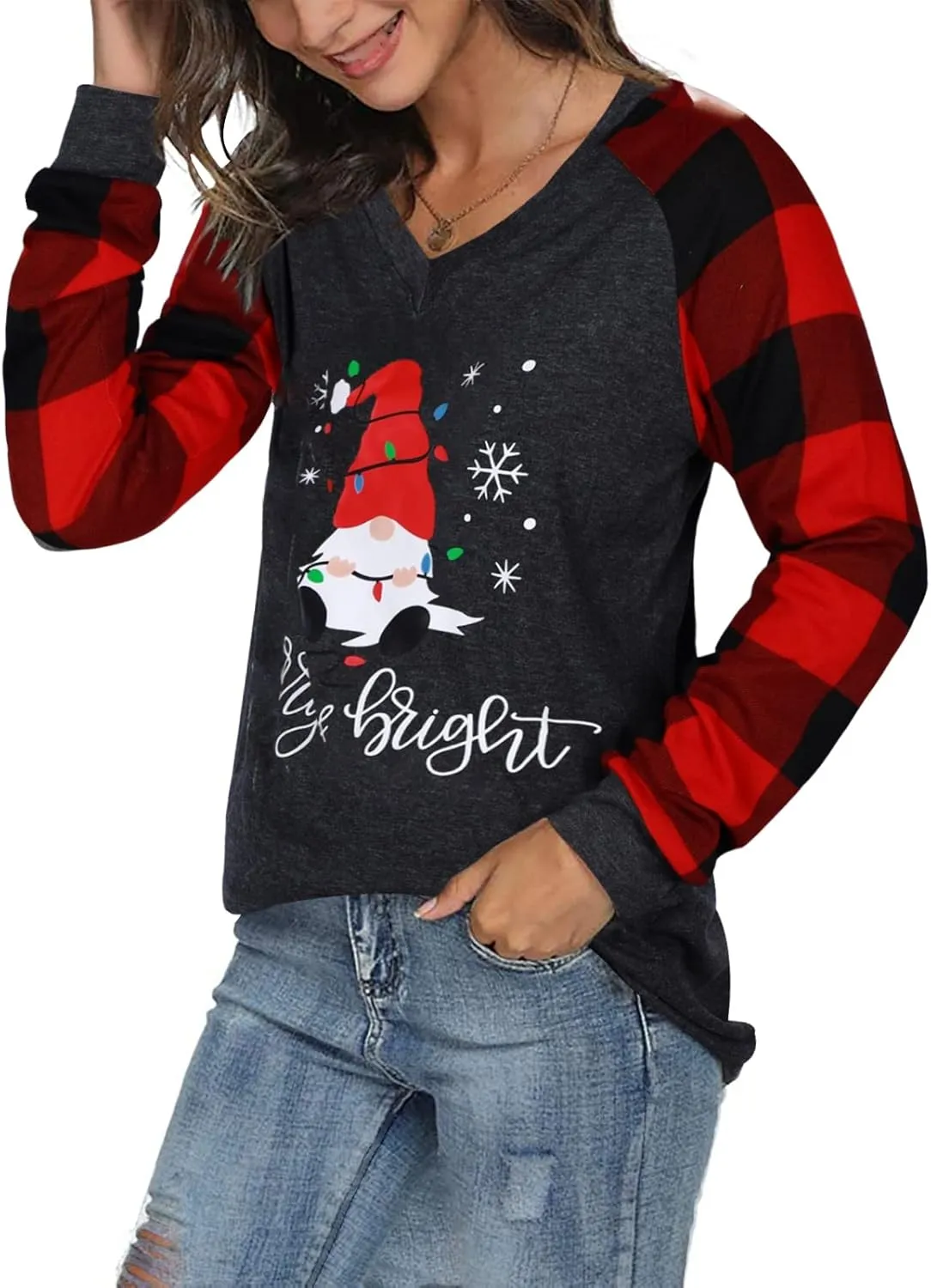SFHFY Merry Christmas Shirts for Women Gnomes T-Shirt Lights Plaid Splicing Raglan Long Sleeve Tee Xmas Holiday Pullover Top
