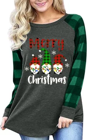 SFHFY Merry Christmas Shirts for Women Gnomes T-Shirt Lights Plaid Splicing Raglan Long Sleeve Tee Xmas Holiday Pullover Top