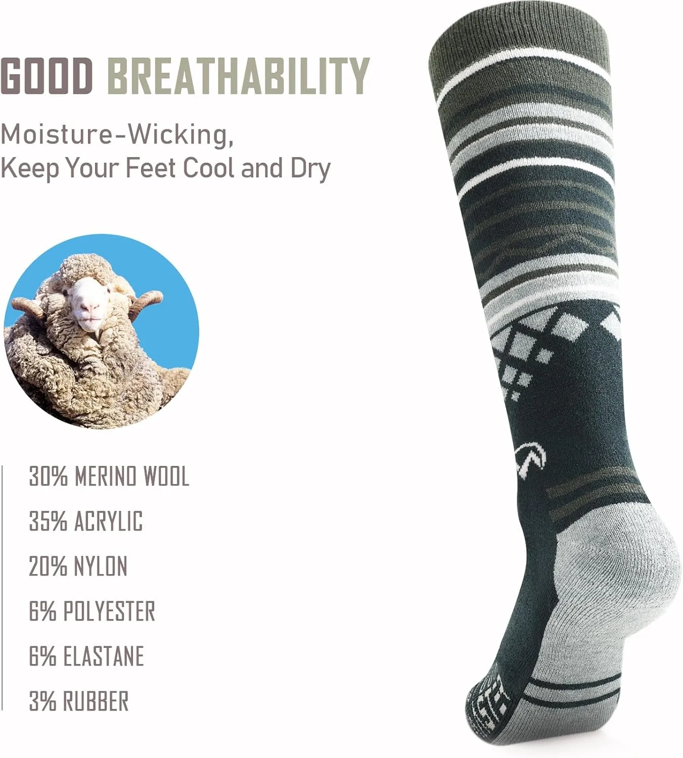 Ski Socks 2-Pack Merino Wool, Over The Calf Non-Slip Cuff for Men & Women