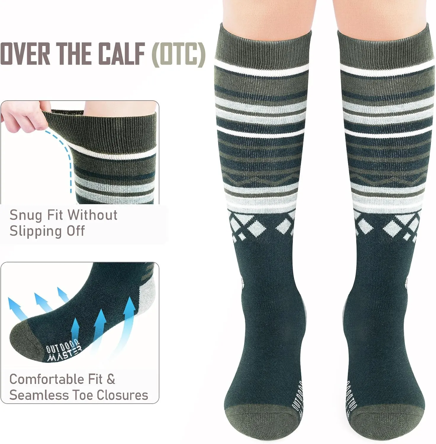Ski Socks 2-Pack Merino Wool, Over The Calf Non-Slip Cuff for Men & Women