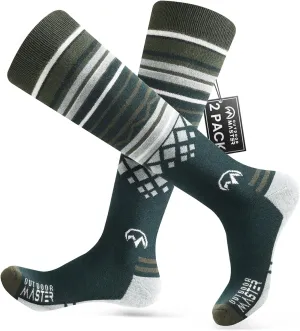 Ski Socks 2-Pack Merino Wool, Over The Calf Non-Slip Cuff for Men & Women