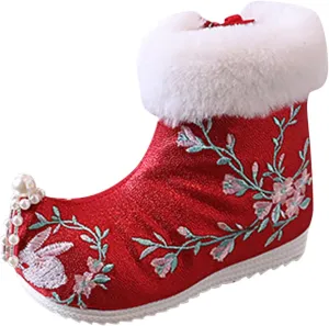 Soft Bottom Boots Baby Girls Ankle Pearl Boots Warm Cotton Boots Embroidered Boots National Boots (A, 13.5 Little Child)