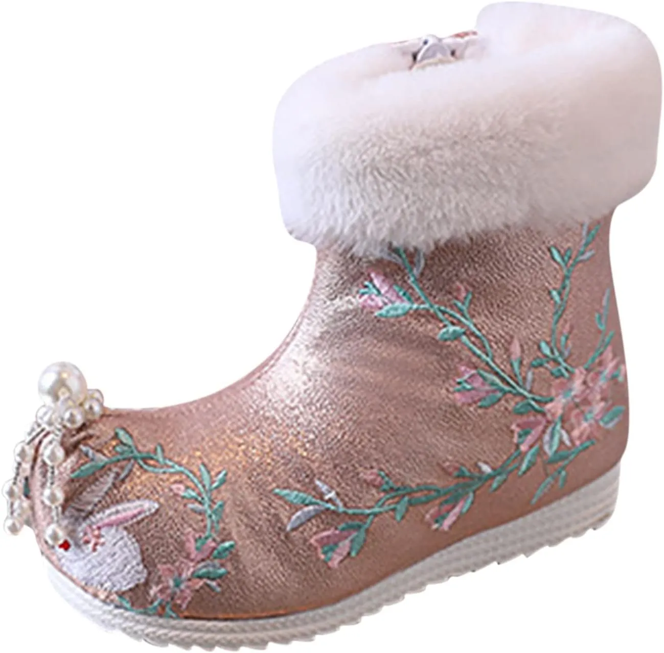 Soft Bottom Boots Baby Girls Ankle Pearl Boots Warm Cotton Boots Embroidered Boots National Boots (B, 13 Little Child)