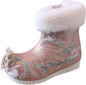 Soft Bottom Boots Baby Girls Ankle Pearl Boots Warm Cotton Boots Embroidered Boots National Boots Cotton (B, 2 Big Kids)