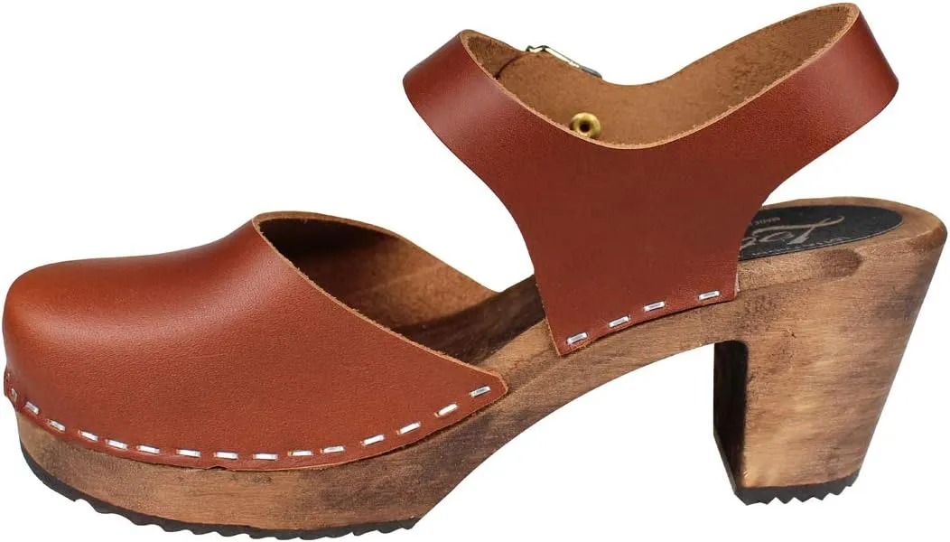 Swedish Highwood High Heel Clog Sandal for Women | Mary Jane Style Wooden Clogs Handcrafted in Sweden | Brown Alder Wood Base and Genuine Leather | Cinnamon