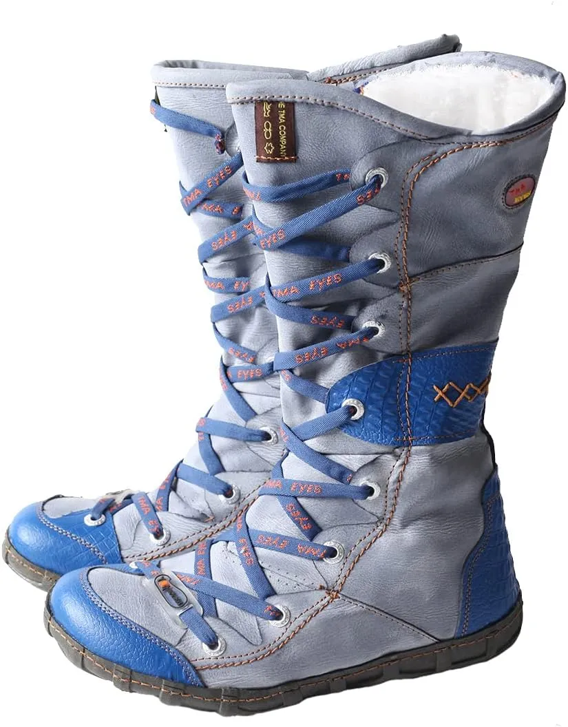 TMA EYES Long Washed Contrast-Stitch Lace Eyes Side Zipper Women's Boots
