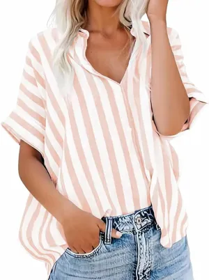 utcoco Womens Loose Casual Short Sleeve Button Down Shirt Striped Color Block Blouse Tops