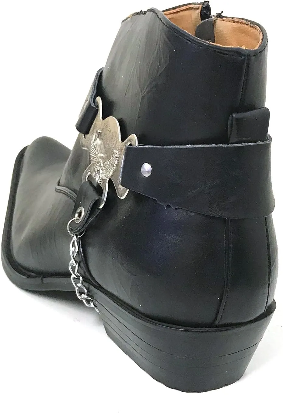 V1A055S Men's Cowboy Ankle Boots Western Leather Lining Harness Strap Chain Side Zipper Shoes