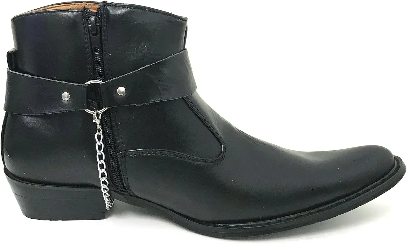 V1A055S Men's Cowboy Ankle Boots Western Leather Lining Harness Strap Chain Side Zipper Shoes