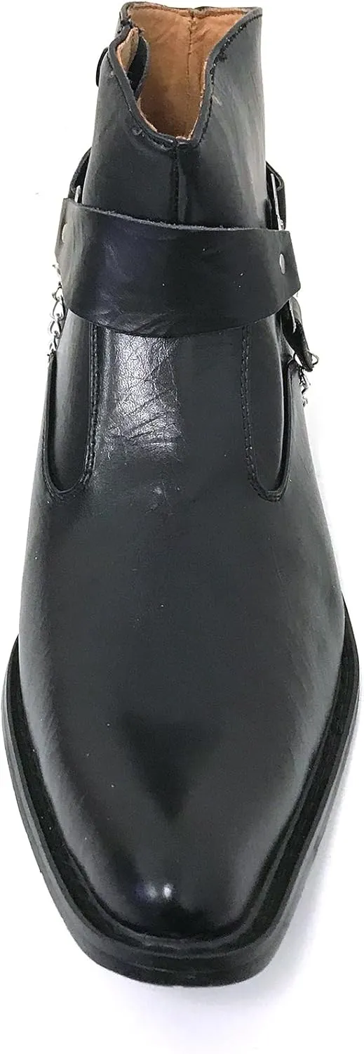 V1A055S Men's Cowboy Ankle Boots Western Leather Lining Harness Strap Chain Side Zipper Shoes