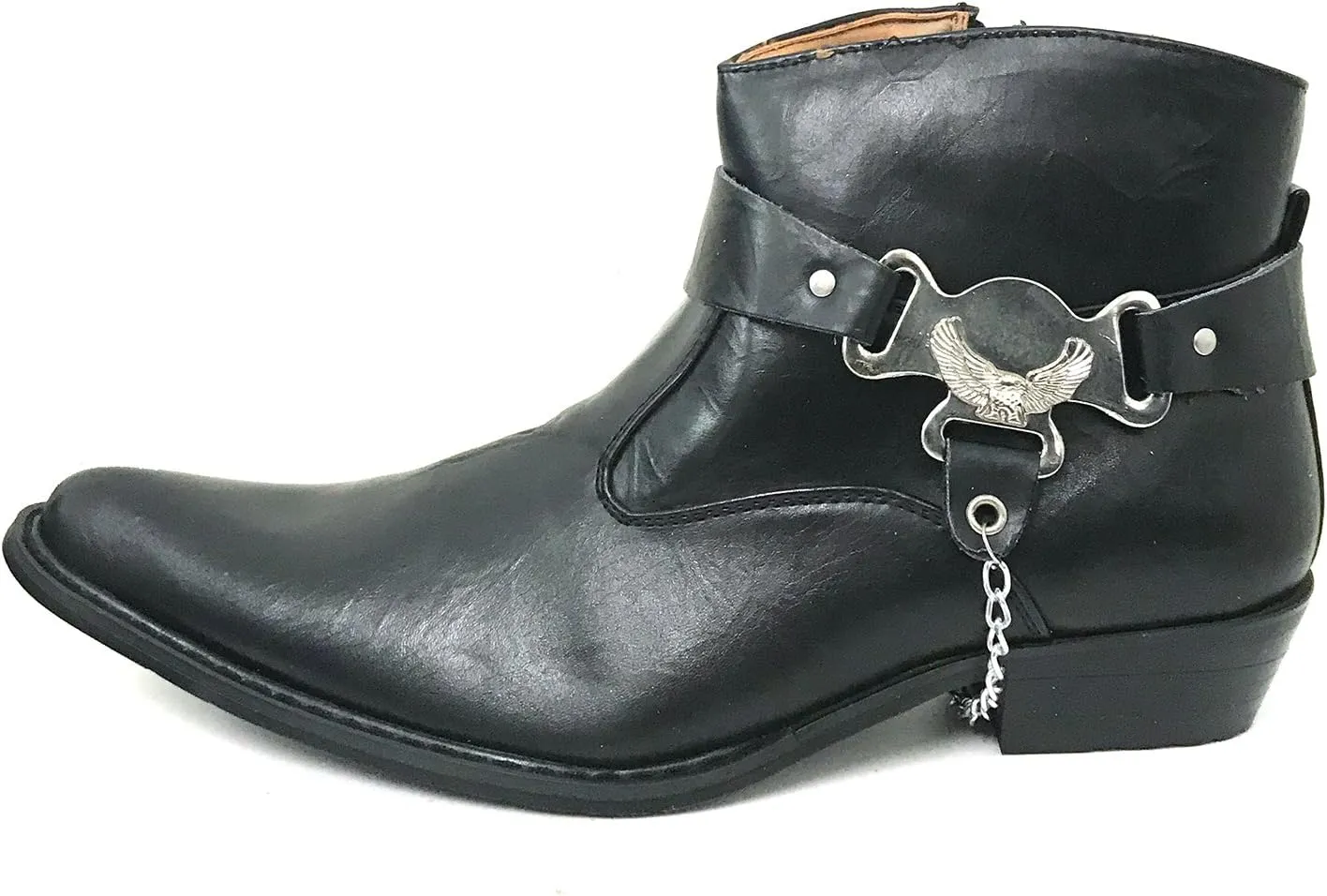 V1A055S Men's Cowboy Ankle Boots Western Leather Lining Harness Strap Chain Side Zipper Shoes