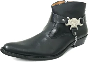 V1A055S Men's Cowboy Ankle Boots Western Leather Lining Harness Strap Chain Side Zipper Shoes