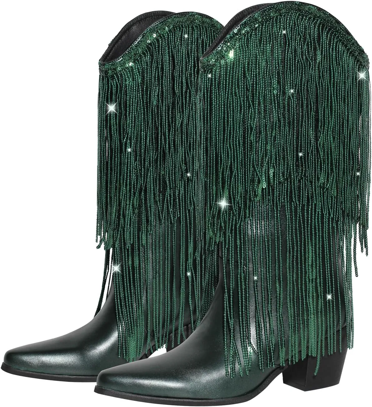VERISSON Point Toe High Heeled Rinestones Tassels Boots with Multi-fringe