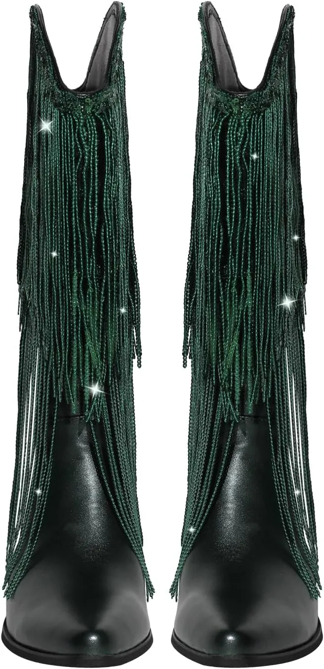 VERISSON Point Toe High Heeled Rinestones Tassels Boots with Multi-fringe