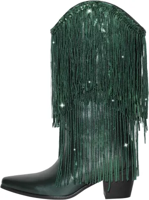 VERISSON Point Toe High Heeled Rinestones Tassels Boots with Multi-fringe