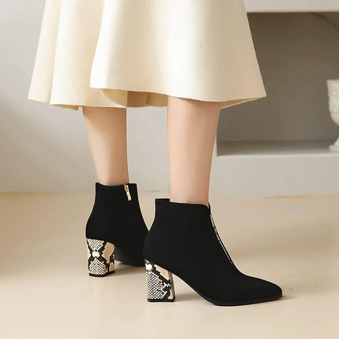 VOKLIN Women's Fashion Pointed Toe Dressy Ankle Boots Zipper Chunky Block High Heels Western Short Booties