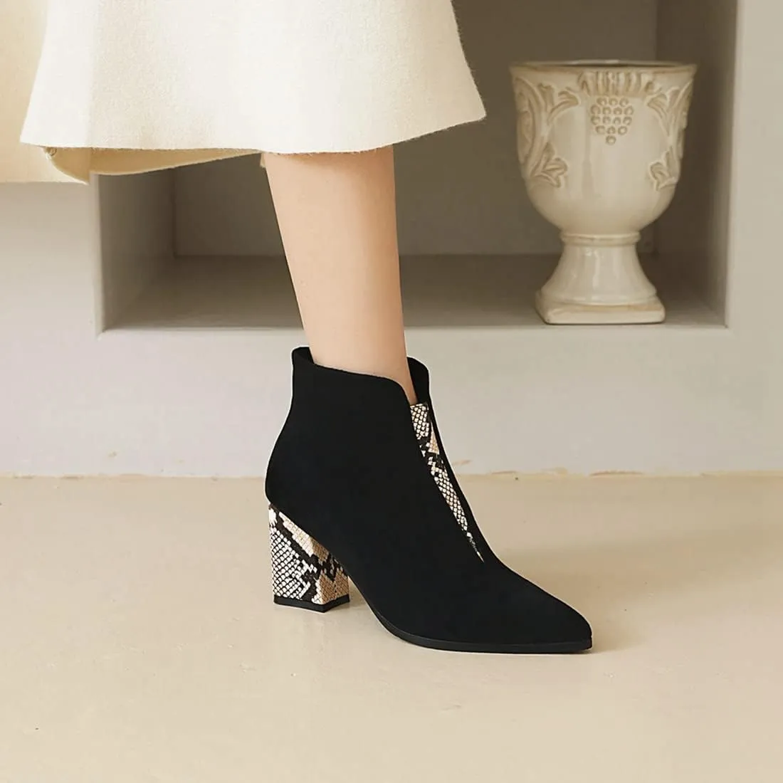 VOKLIN Women's Fashion Pointed Toe Dressy Ankle Boots Zipper Chunky Block High Heels Western Short Booties