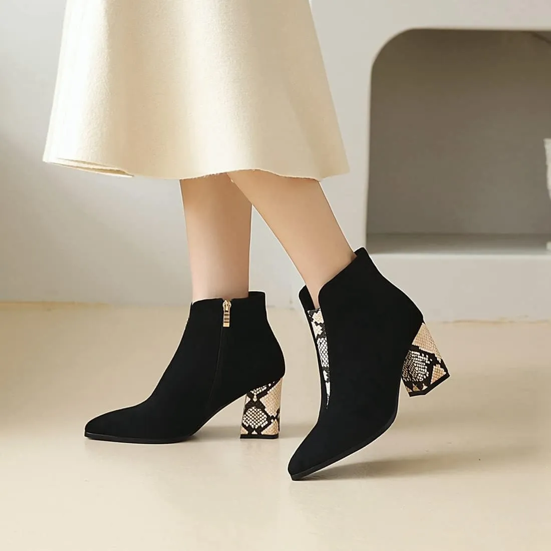 VOKLIN Women's Fashion Pointed Toe Dressy Ankle Boots Zipper Chunky Block High Heels Western Short Booties
