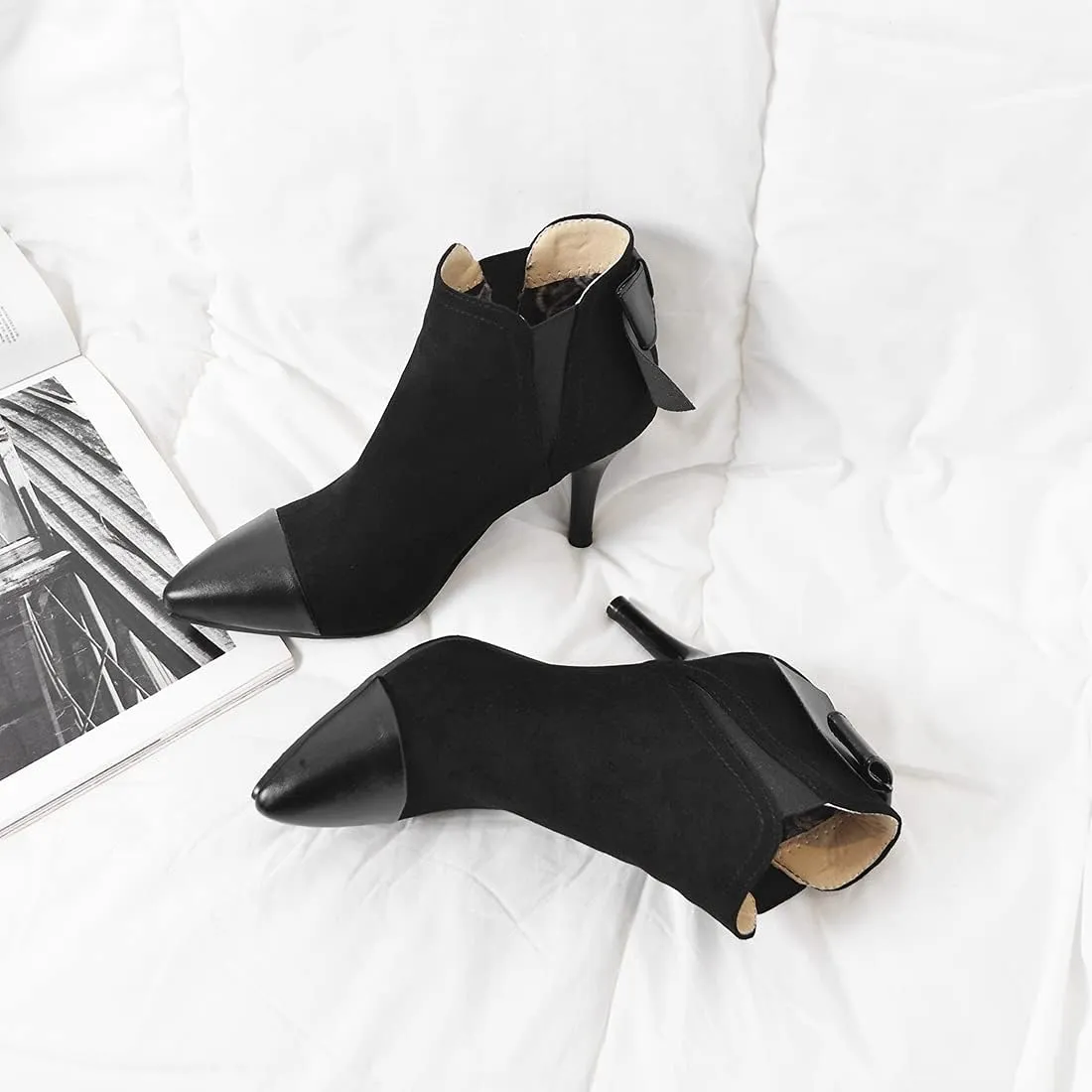 VOKLIN Women's Pointed Toe Dress Ankle Booties Fashion Bowtie Elastic Stiletto High Heel Elegant Short Boots