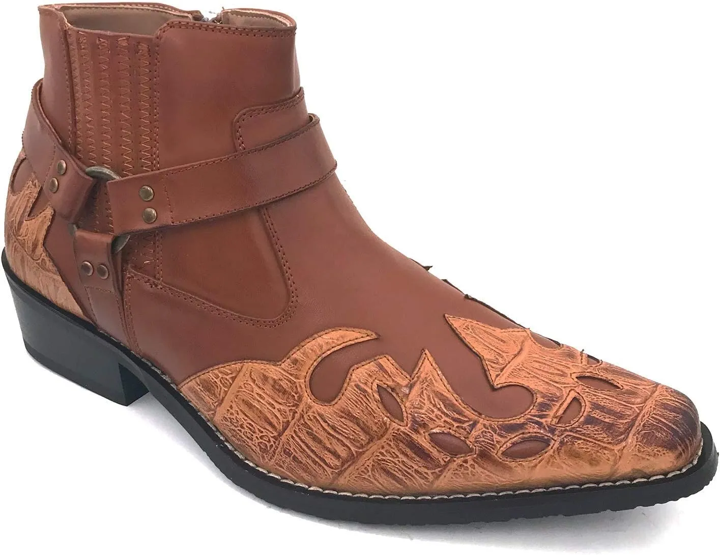 W1TCJ Men’s Cowboy Boots Western Ankle Harness Leather Lining Side Zipper Shoes
