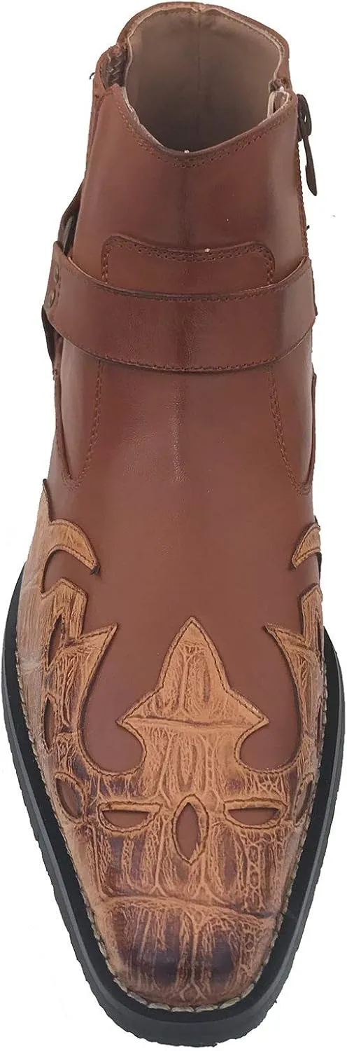 W1TCJ Men’s Cowboy Boots Western Ankle Harness Leather Lining Side Zipper Shoes
