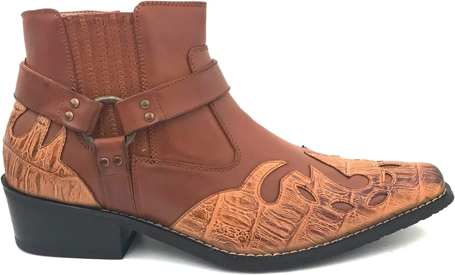 W1TCJ Men’s Cowboy Boots Western Ankle Harness Leather Lining Side Zipper Shoes