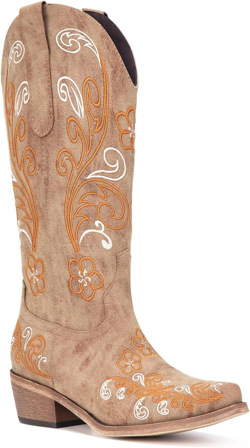 Wide Calf Cowboy Boots for Women Embroidered Cowgirl Boots Mid Calf Women's Western Cowboy Boots Fashion Pointy Toe Cowgirl Boots Pull on