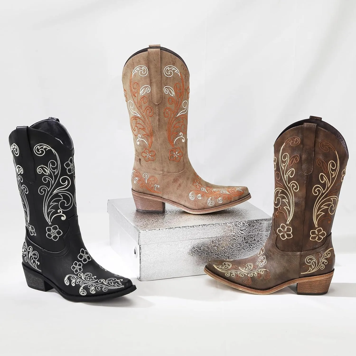 Wide Calf Cowboy Boots for Women Embroidered Cowgirl Boots Mid Calf Women's Western Cowboy Boots Fashion Pointy Toe Cowgirl Boots Pull on