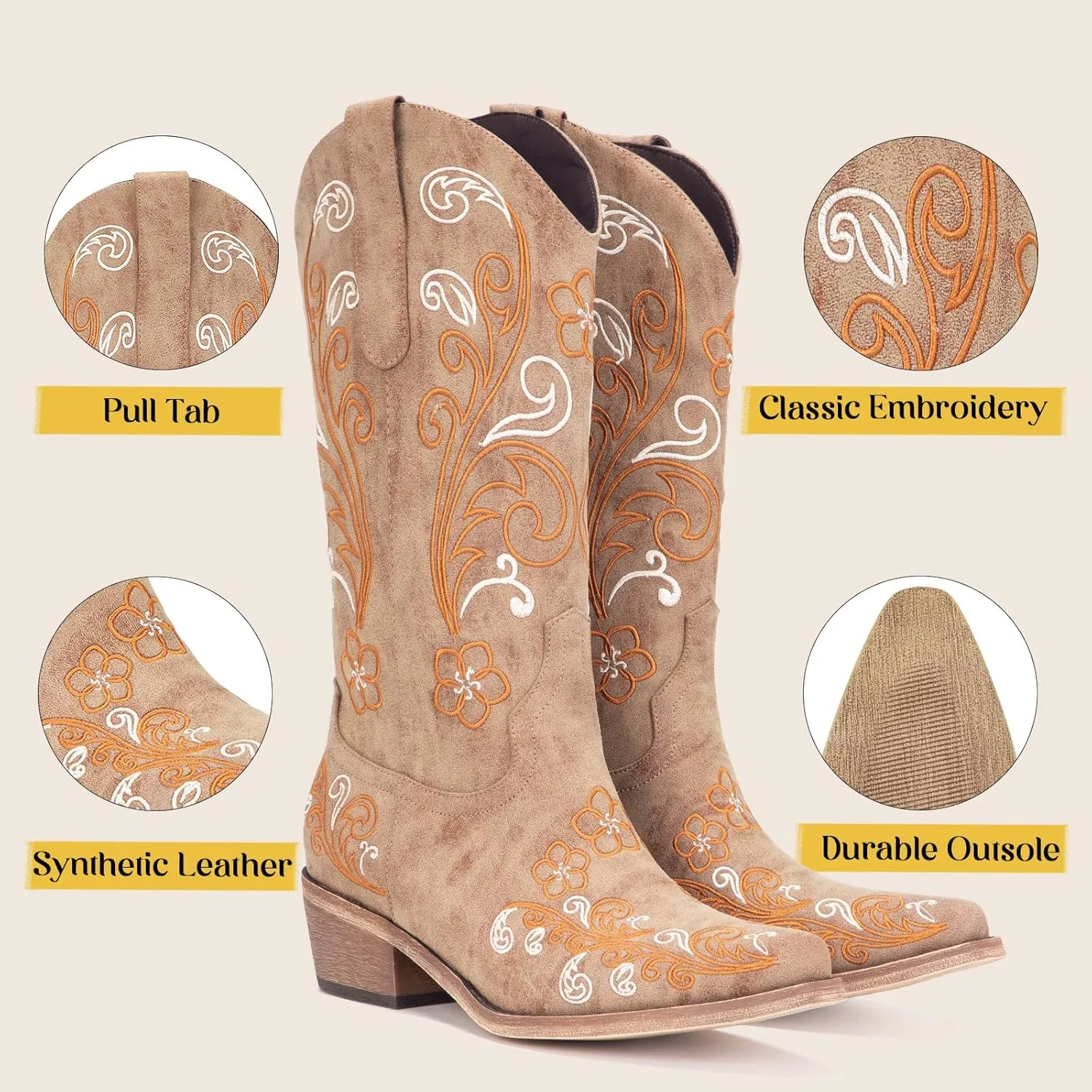 Wide Calf Cowboy Boots for Women Embroidered Cowgirl Boots Mid Calf Women's Western Cowboy Boots Fashion Pointy Toe Cowgirl Boots Pull on