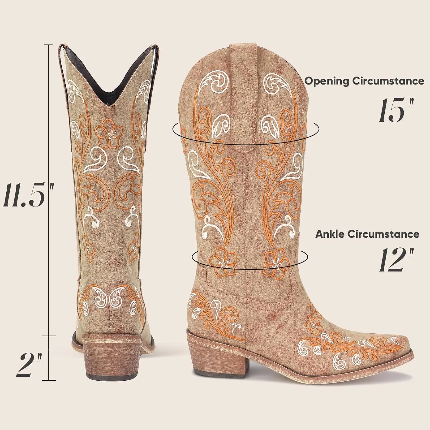 Wide Calf Cowboy Boots for Women Embroidered Cowgirl Boots Mid Calf Women's Western Cowboy Boots Fashion Pointy Toe Cowgirl Boots Pull on