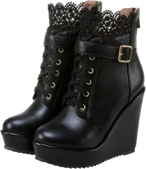 wodceeke Womens Goth Platform Boots Round Toe Ankle Booties Wedge Heel Lace Up Combat Boots Leather Motorcycle Boots
