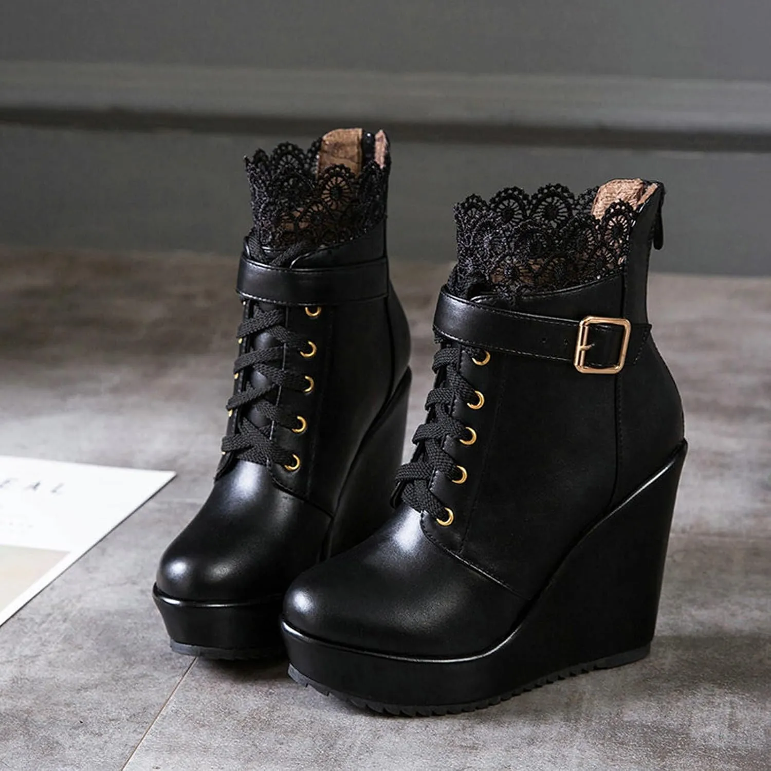 wodceeke Womens Goth Platform Boots Round Toe Ankle Booties Wedge Heel Lace Up Combat Boots Leather Motorcycle Boots