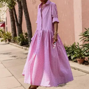Women Loose Plaid Long Sleeve Shirt Maxi Dress Retro Casual Button Down Pleated Swing A-line Big Hem Long Dress
