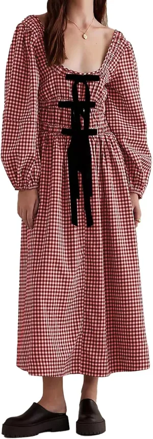 Women Plaid Long Dress Lantern Sleeve Square Neck Maxi Dress with Bow Tie Cottagecore Flowy Fall Dresses
