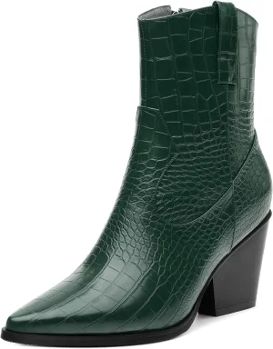 Womens Ankle Boots, Women Western Mid Calf Cowboy Boots Chunky Heel Side Zipper Pointed Toe Crocodile Cowgirl Short Boots Fall Winter Fashion Vintage Casual Dress Boots