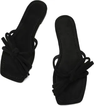 Women's Bow Flat Summer Flip Flop Sandals,Ladies brown Comfortable Square Toe Slide on Slippers Strappy Slides Trendy Dressy Casual Fancy Beach Holiday Outdoor Shoe