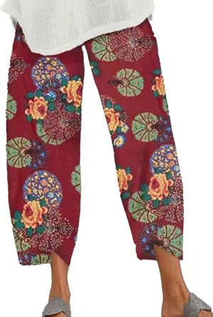 Women's Cotton Linen Boho Capri Lounge Tapered Pants Casual Vintage Elastic Mid Waist Trousers Relaxed Fit Pants with Pockets