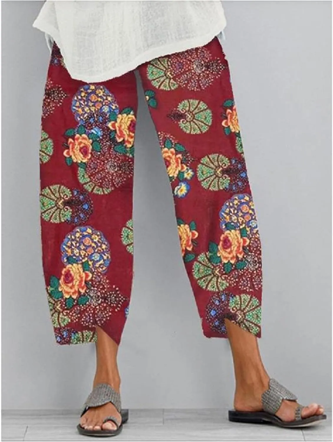 Women's Cotton Linen Boho Capri Lounge Tapered Pants Casual Vintage Elastic Mid Waist Trousers Relaxed Fit Pants with Pockets