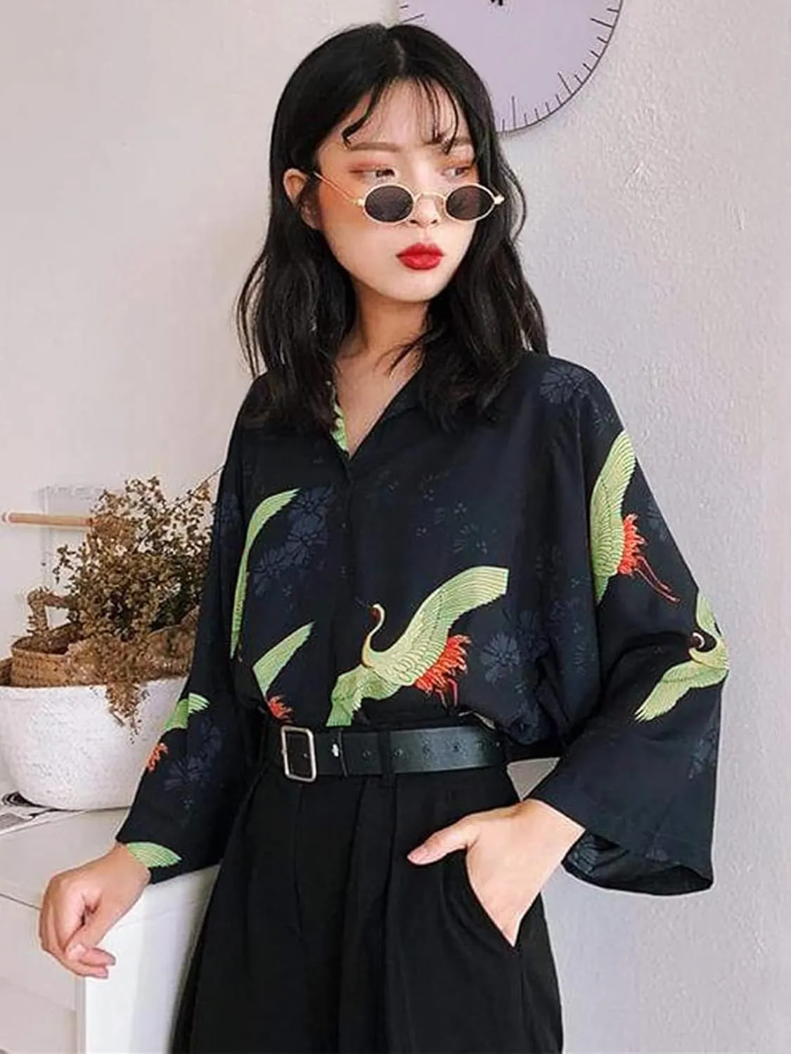 Women's Crane Print Kimono Japanese Female Kawaii Tunic Puff Sleeves Lightweight Cover Up Casual Blouse Cute Tops