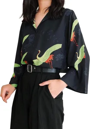 Women's Crane Print Kimono Japanese Female Kawaii Tunic Puff Sleeves Lightweight Cover Up Casual Blouse Cute Tops