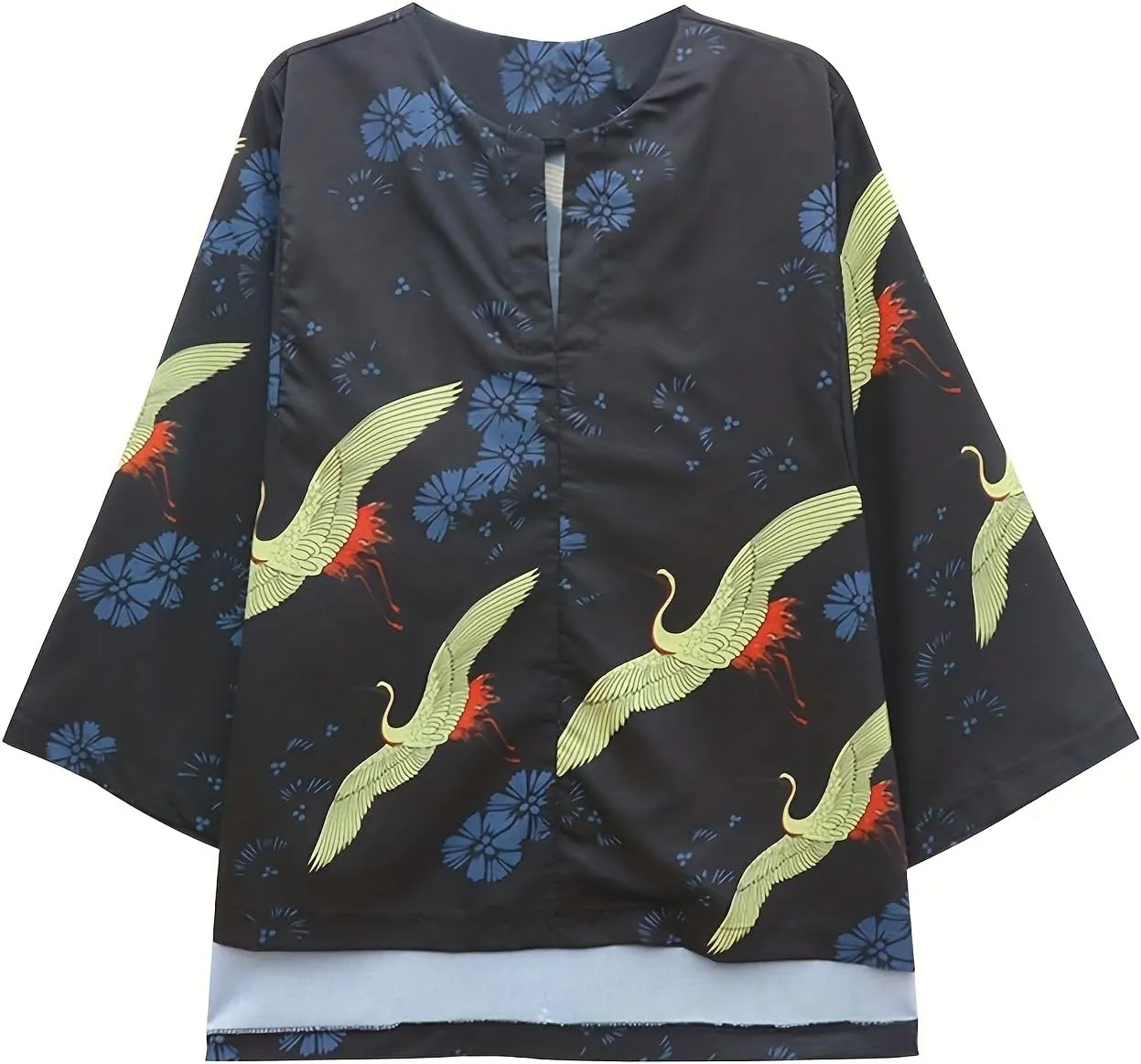 Women's Crane Print Kimono Japanese Female Kawaii Tunic Puff Sleeves Lightweight Cover Up Casual Blouse Cute Tops