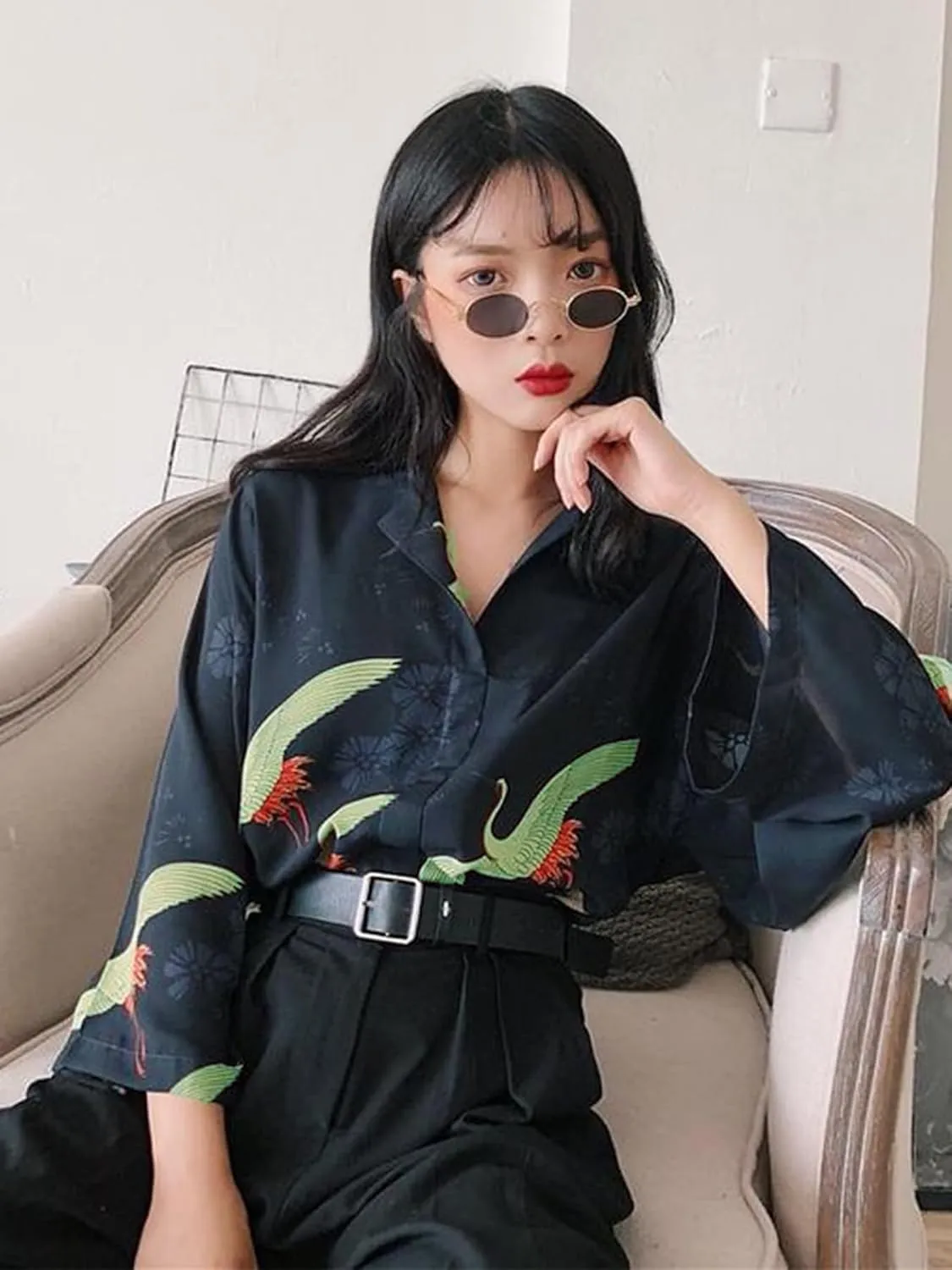 Women's Crane Print Kimono Japanese Female Kawaii Tunic Puff Sleeves Lightweight Cover Up Casual Blouse Cute Tops
