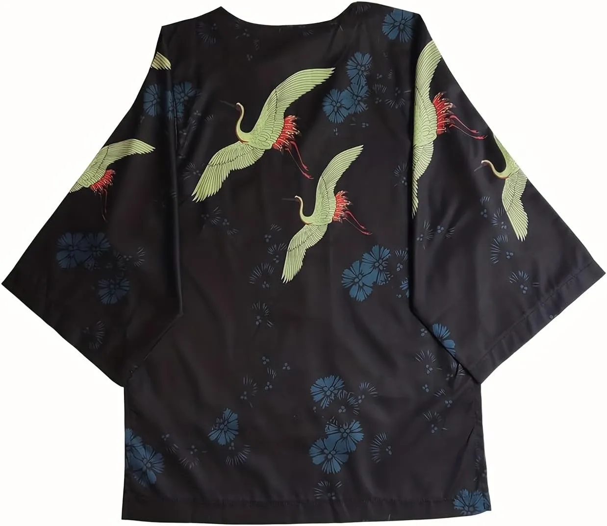 Women's Crane Print Kimono Japanese Female Kawaii Tunic Puff Sleeves Lightweight Cover Up Casual Blouse Cute Tops