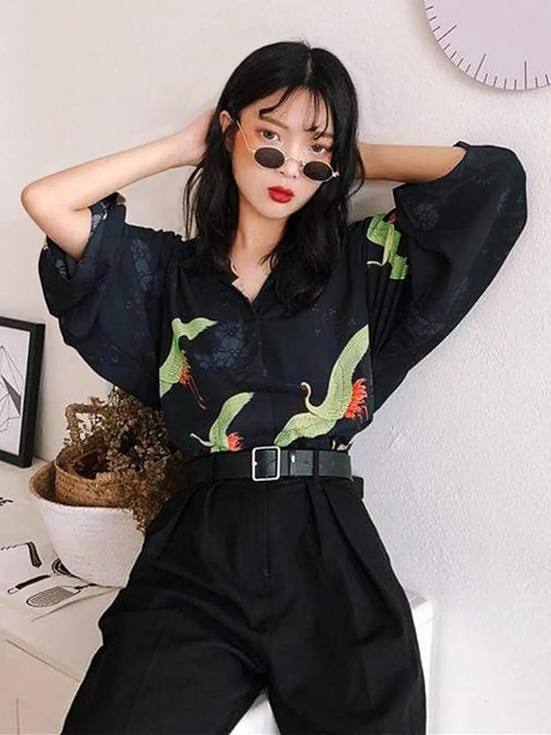 Women's Crane Print Kimono Japanese Female Kawaii Tunic Puff Sleeves Lightweight Cover Up Casual Blouse Cute Tops